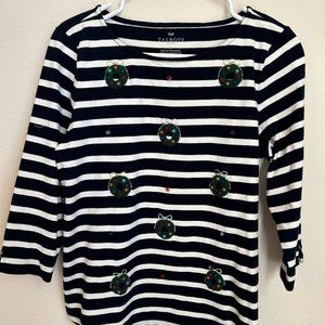 Talbots Navy and White stripe Christmas Shirt size M petite NWOT